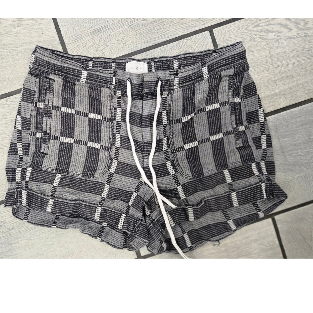 Lou & Grey Plaid Woven Cotton Drawstring Shorts Black Grey White Small